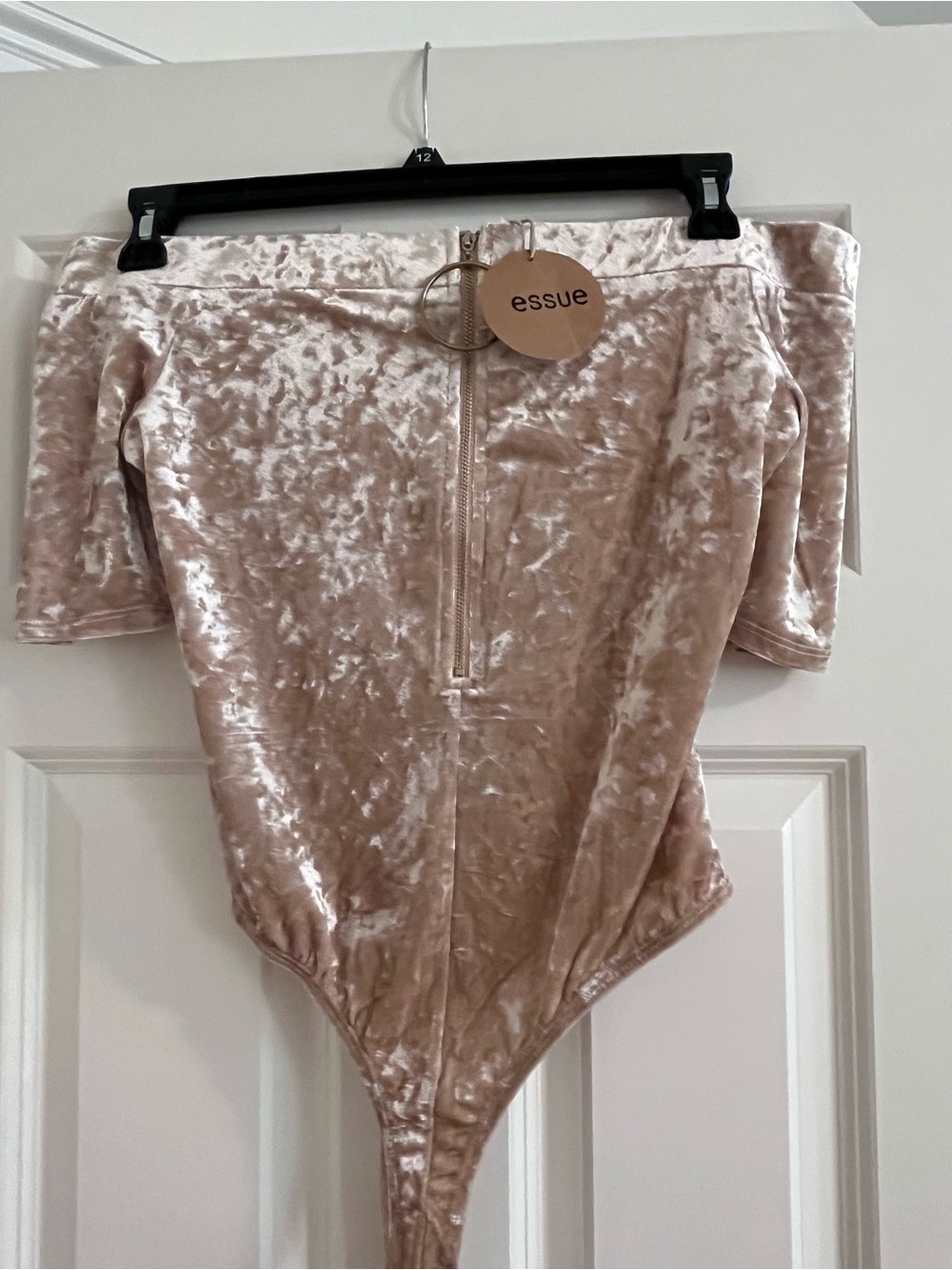 NWT ESSUE Velvet Off-Shoulder Bodysuit in Champagne